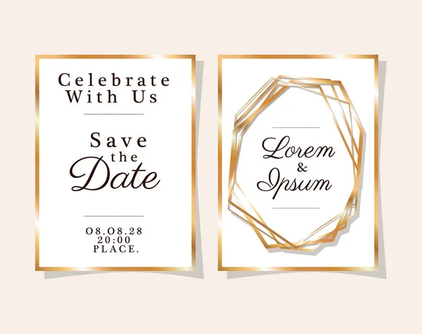 Zwei Hochzeitseinladungen mit Goldrahmen im Vektordesign — Stockvektor