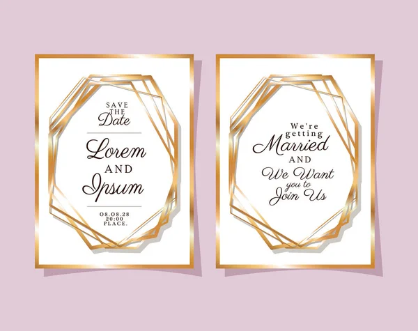 Dos invitaciones de boda con marcos de oro diseño de vectores — Vector de stock