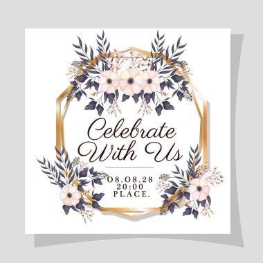 Altın çerçeveli düğün davetiyesi çiçekler ve vektör tasarımı bırakır