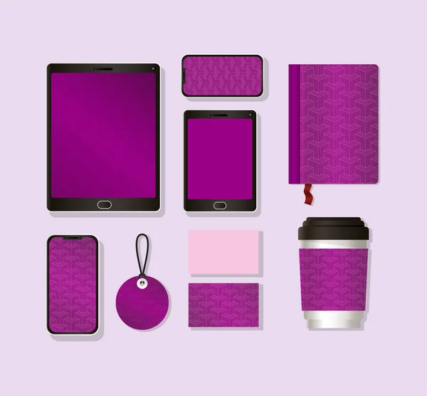 Tableta y juego de maquetas con diseño de vectores de marca púrpura — Vector de stock
