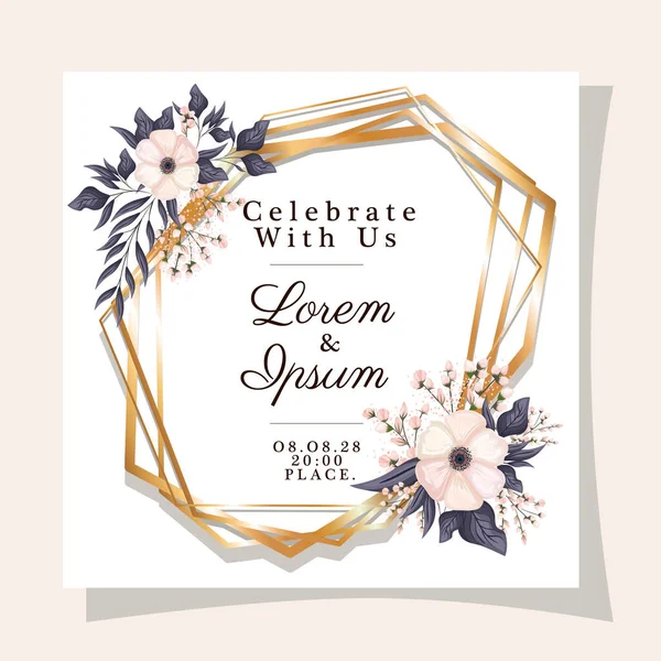 Bruiloft uitnodiging met gouden frame bloemen en bladeren vector ontwerp — Stockvector