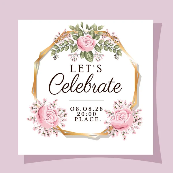 Bruiloft uitnodiging met gouden frame roos bloemen en bladeren vector ontwerp — Stockvector