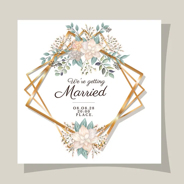 Esküvői meghívó arany keret virágok és levelek vektor design — Stock Vector