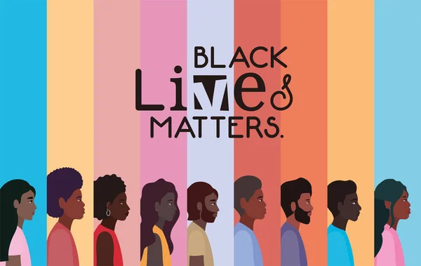 Black women and men cartoons in side view with black lives matters text vector design — Stock Vector