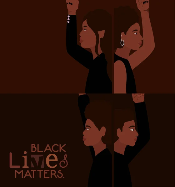 黒の女性と男性の漫画側のビューで黒の生活問題テキストベクトルのデザイン — ストックベクタ
