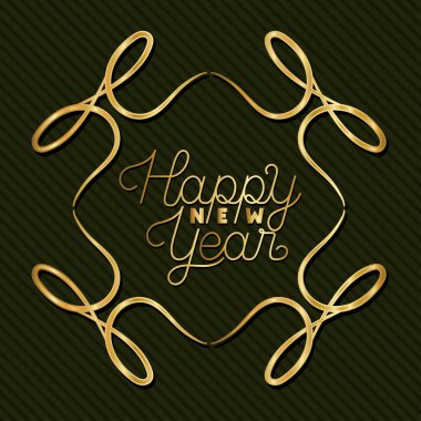 Çizgili yeşil arkaplan vektör tasarımında altın çerçevede mutlu yıllar.