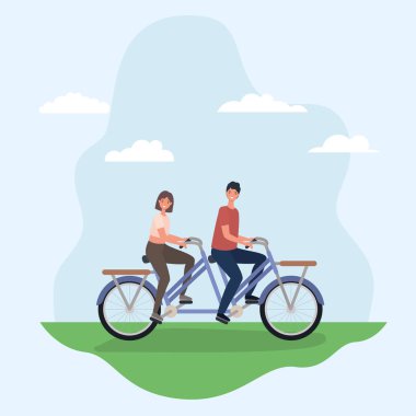 Kadın ve erkek çizgi filmleri park vektörü tasarımında çifte bisiklet sürüyor.