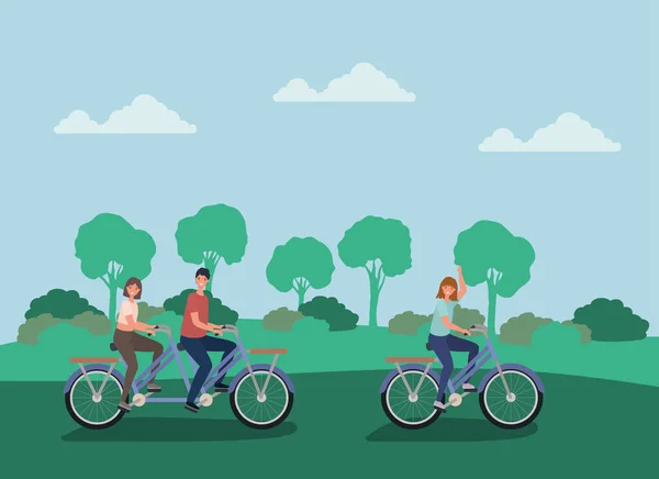 Vrouwen en mannen cartoons paardrijden fietsen op park vector ontwerp — Stockvector