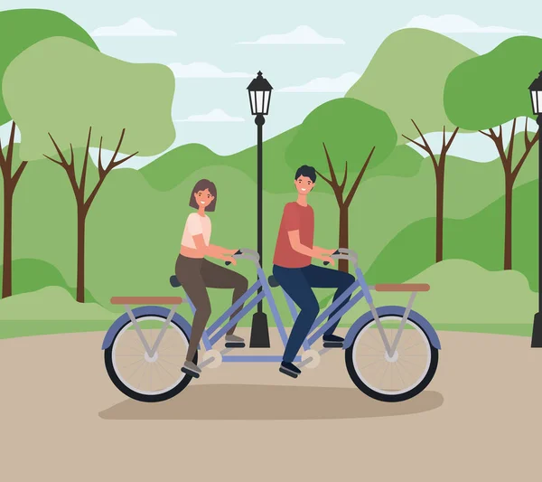 Mujer y hombre dibujos animados montar en bici doble en el parque con diseño de vectores de lámpara — Vector de stock