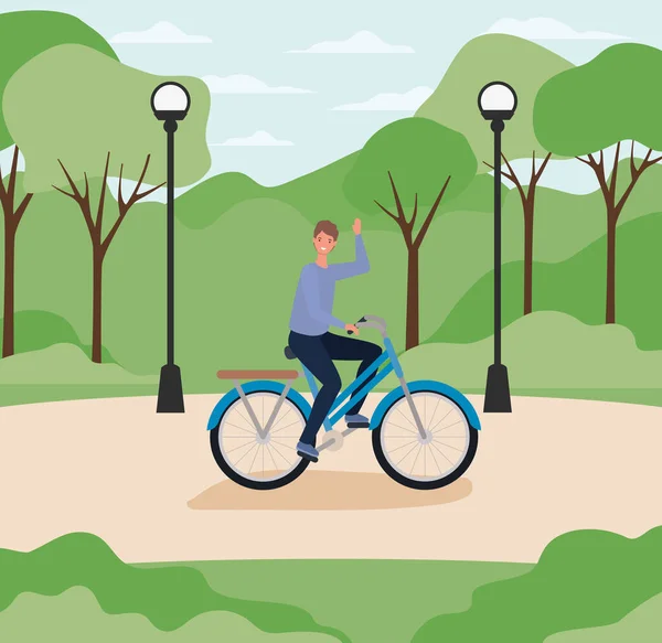 Hombre de dibujos animados bicicleta de montar en el parque con lámparas de diseño vectorial — Archivo Imágenes Vectoriales
