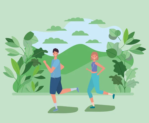 Γυναίκα και ο άνθρωπος κινούμενα σχέδια που τρέχουν στο πάρκο με φύλλα διάνυσμα σχεδιασμό — Διανυσματικό Αρχείο