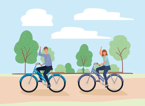 Woman and man cartoons riding bikes at park vector design — Stock Vector