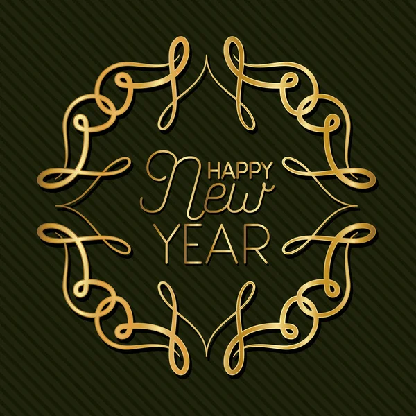 Felice anno nuovo in cornice d'oro ornamento sul disegno vettoriale sfondo verde a strisce — Vettoriale Stock