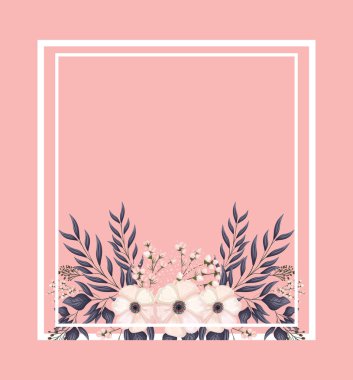 Beyaz çiçek tomurcukları ile çerçeve ve boyama vektör tasarımı bırakır