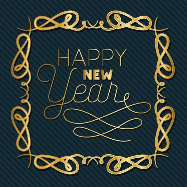 Happy new year in ornament gold frame on striped blue background vector design — Stock Vector