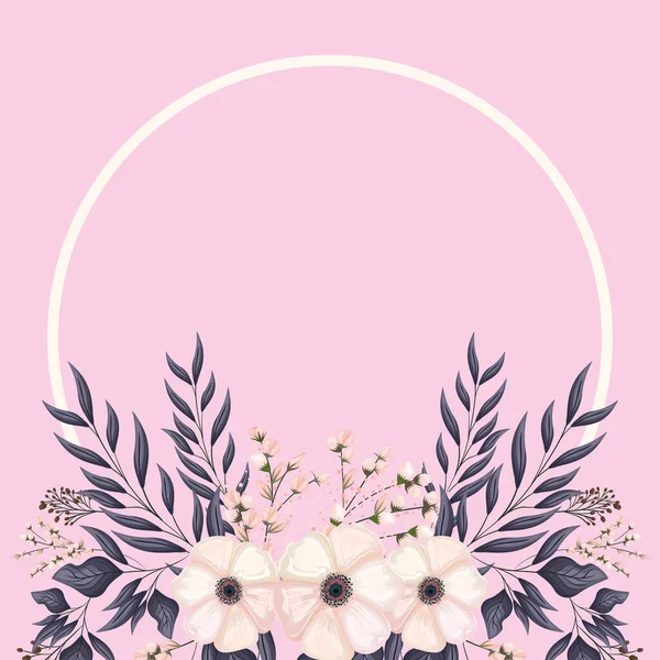 Círculo con flores blancas y hojas pintura vector diseño — Vector de stock