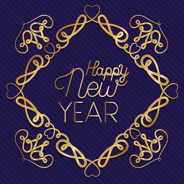 Happy new year in ornament gold frame on striped blue background vector design — Stock Vector