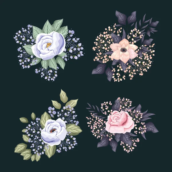 Set van witte bloemen met knoppen en bladeren schilderij vector ontwerp — Stockvector