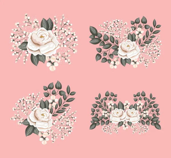 Set van witte roos bloemen met bladeren schilderen vector ontwerp — Stockvector