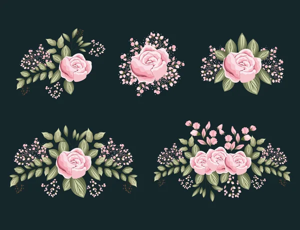 Set van roze roos bloemen met bladeren schilderen vector ontwerp — Stockvector