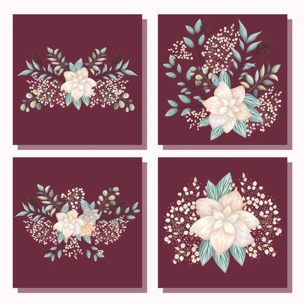 Set van witte bloemen met bladeren schilderen in frames vector ontwerp — Stockvector