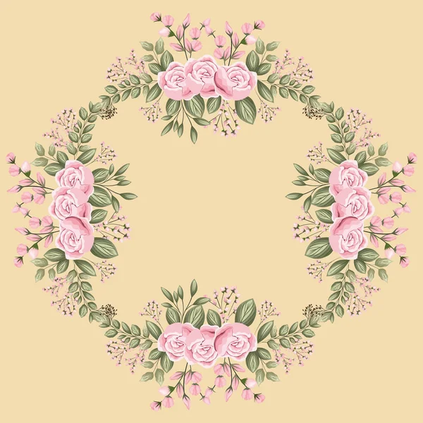 Rosa rosa fiori e foglie pittura telaio vettoriale design — Vettoriale Stock
