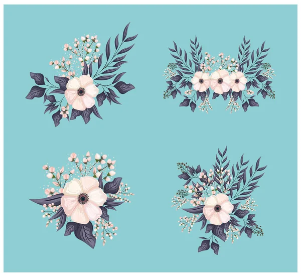 Set van witte bloemen met knoppen en bladeren schilderij vector ontwerp — Stockvector