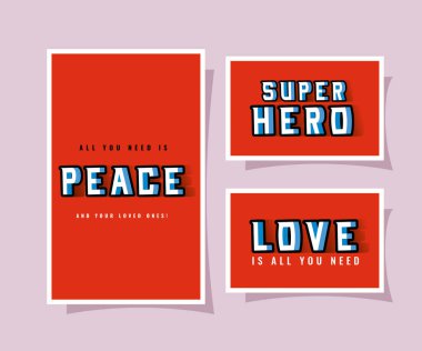 3D barış süper kahraman ve aşk harfleri kırmızı arka plan vektör tasarımı
