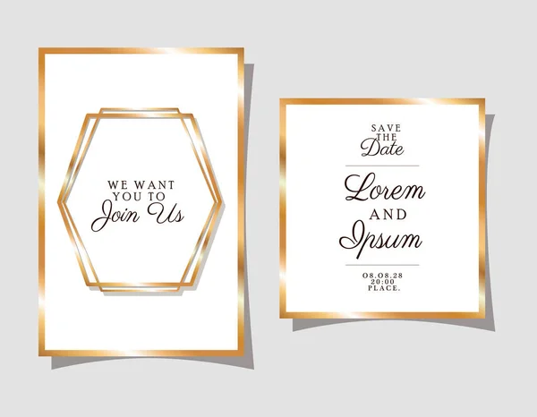 Dos invitaciones de boda con marcos de adorno de oro en el diseño de vectores de fondo gris — Vector de stock