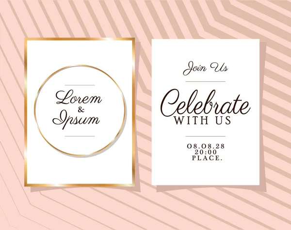 Twee bruiloft uitnodigingen met gouden ornament frames op roze achtergrond vector ontwerp — Stockvector