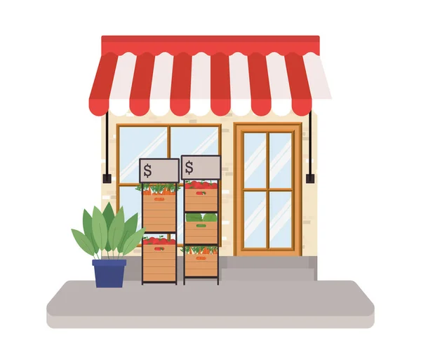 Tienda con tienda y verduras dentro de cajas en estantes diseño vectorial — Archivo Imágenes Vectoriales