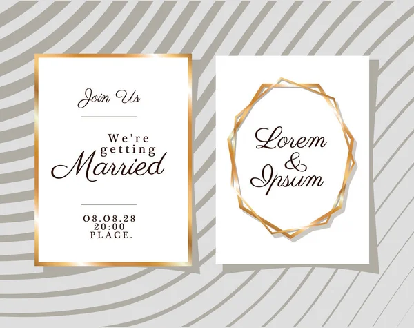 Twee bruiloft uitnodigingen met gouden ornament frames op grijze achtergrond vector ontwerp — Stockvector