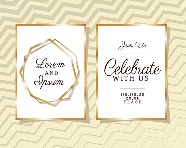 Twee bruiloft uitnodigingen met gouden ornament frames op gele achtergrond vector ontwerp — Stockvector