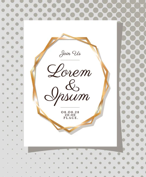 Bröllop inbjudan med guld prydnad ram på grå bakgrund vektor design — Stock vektor