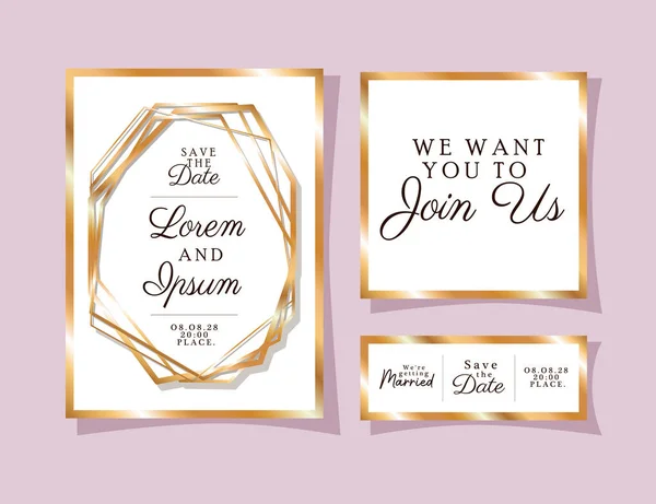 Twee bruiloft uitnodigingen met gouden ornament frames op paarse achtergrond vector ontwerp — Stockvector
