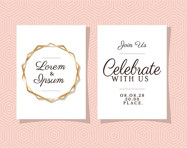 Two wedding invitations with gold ornament frames on pink background vector design — Stock Vector