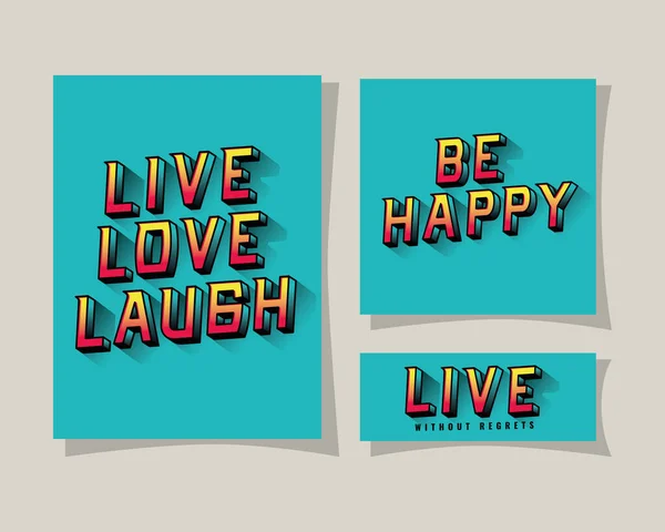 3d live love rir ser feliz e viver lettering em fundos azuis design vetorial —  Vetores de Stock