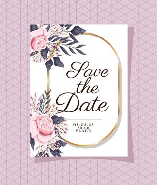 Altın süslemeli düğün davetiyesi ve mor arka plan vektör tasarımlı güller.