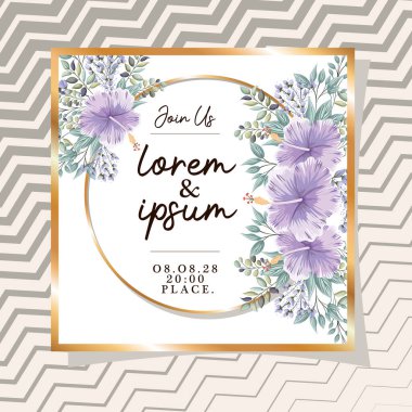 Altın süslemeli düğün davetiyesi ve çizgili arka plan vektör tasarımlı Hawaii çiçekleri