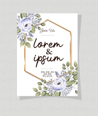 Altın süslemeli düğün davetiyesi ve çiçek desenli arka plan vektör tasarımı