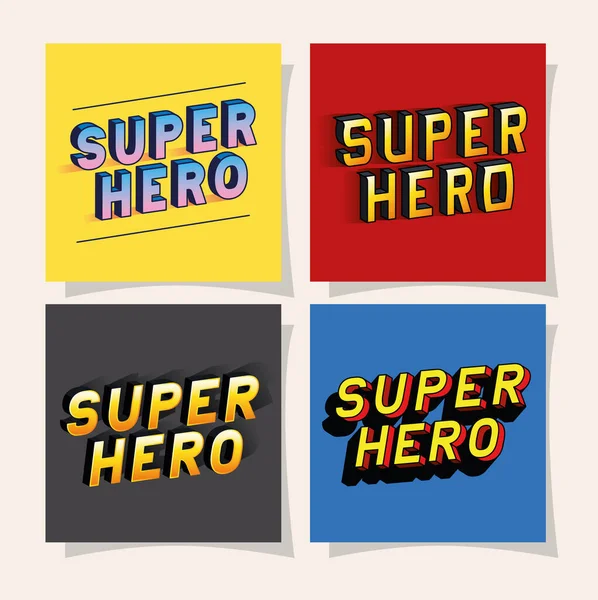 3d super hero lettering set on colored backgrounds vector design — Stock Vector