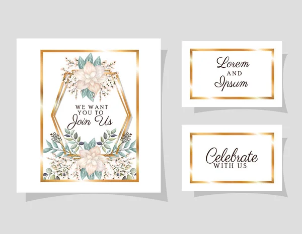 Bruiloft uitnodigingen set met gouden ornament frames en witte bloemen met bladeren vector ontwerp — Stockvector