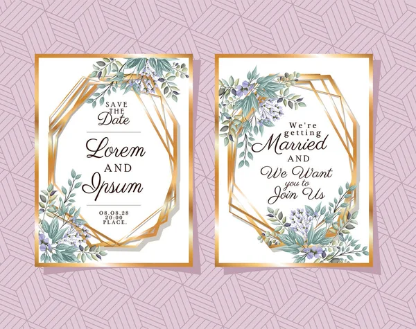 Dos invitaciones de boda con marcos de oro ornamento y brotes flores y hojas diseño de vectores — Vector de stock