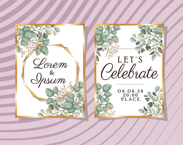 Twee bruiloft uitnodigingen met gouden ornament frames en knoppen bloemen en bladeren vector ontwerp — Stockvector