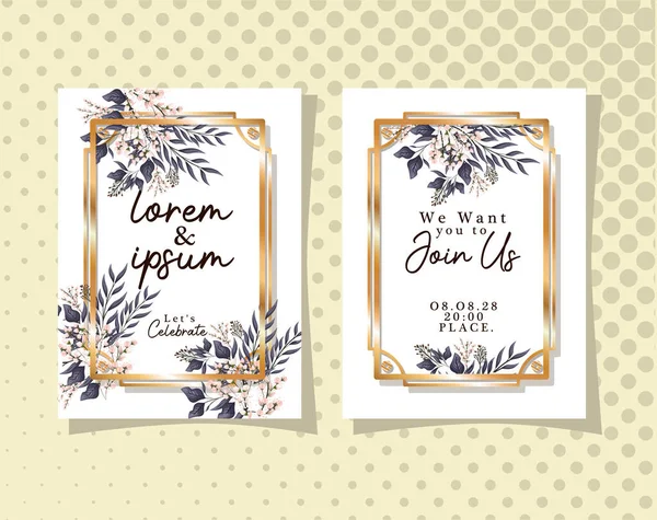 Zwei Hochzeitseinladungen mit Goldrahmen und Knospen Blumen und Blätter Vektordesign — Stockvektor