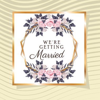 Altın çerçeveli düğün davetiyesi ve sarı arkaplan vektör tasarımlı güller.