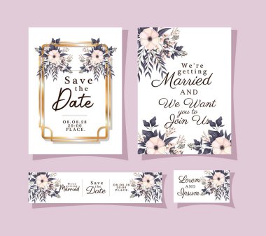 Düğün davetiyeleri altın çerçeveli ve yapraklı beyaz çiçekli vektör tasarımlı.