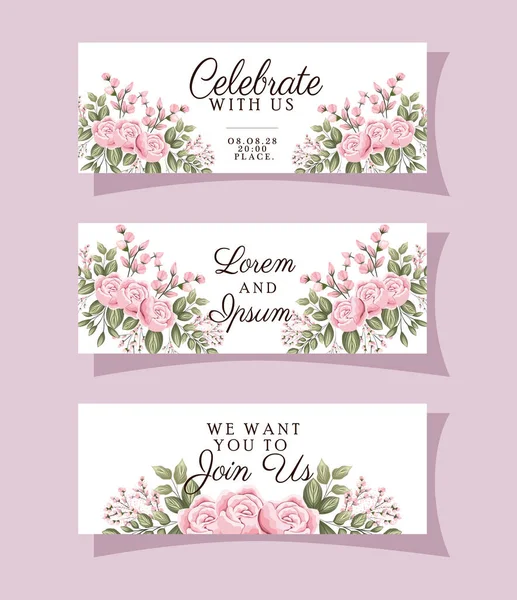 Conjunto de invitaciones de boda con marcos de adorno de oro y rosas flores con hojas de diseño vectorial — Vector de stock