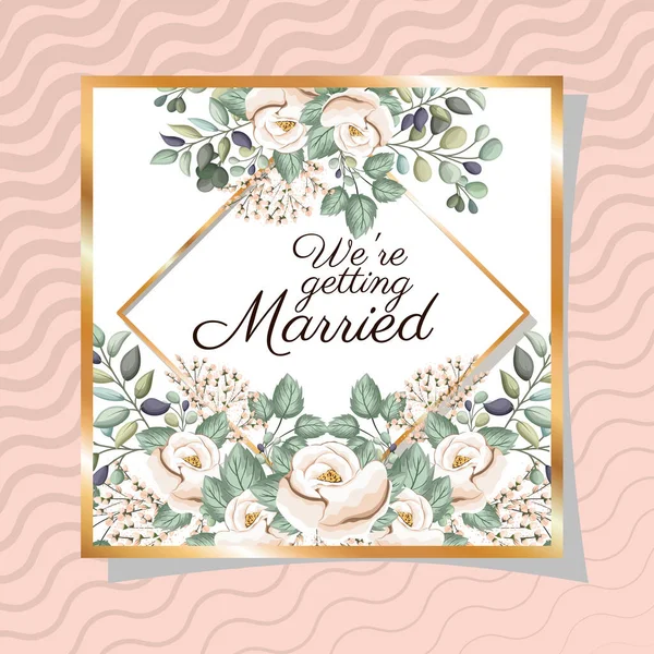 Invitación de boda con marco de ornamento de oro y rosas flores en el diseño de vectores de fondo rosa — Vector de stock