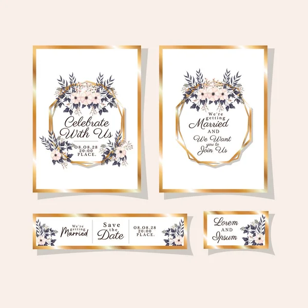 Свадебные приглашения с золотыми рамами и белыми цветами с векторным дизайном листвы — стоковый вектор